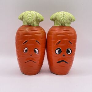 Vintage Anthropomorphic Carrot Salt & Peppers Shakers Set JAPAN Sad Face Orange